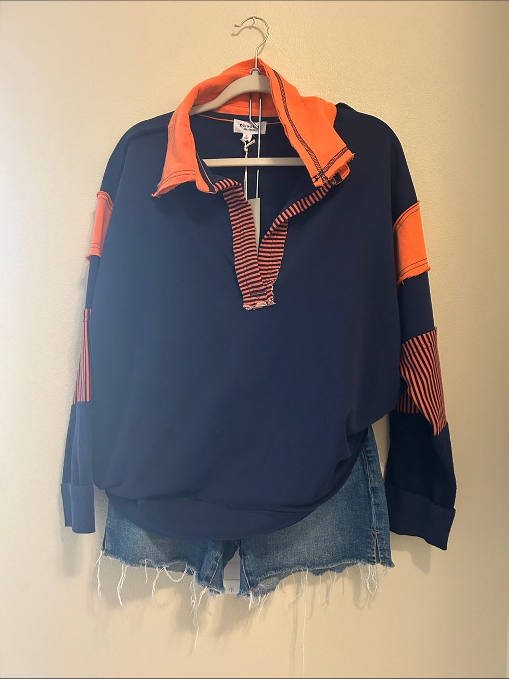 Eesome oversized Navy & Orange Contrast Polo Sweatshirt - Picture 4 of 6